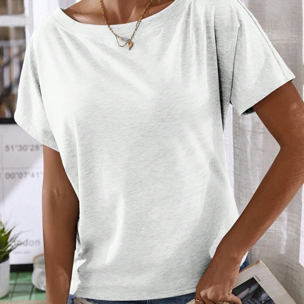 White Casual Women's  Solid Color Asymmetric Neck Batwing Short Sleeve T-Shirt - Picture 5 of 6